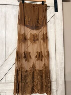 Anthropologie Brown Sheer Embroidered Floral Maxi Skirt